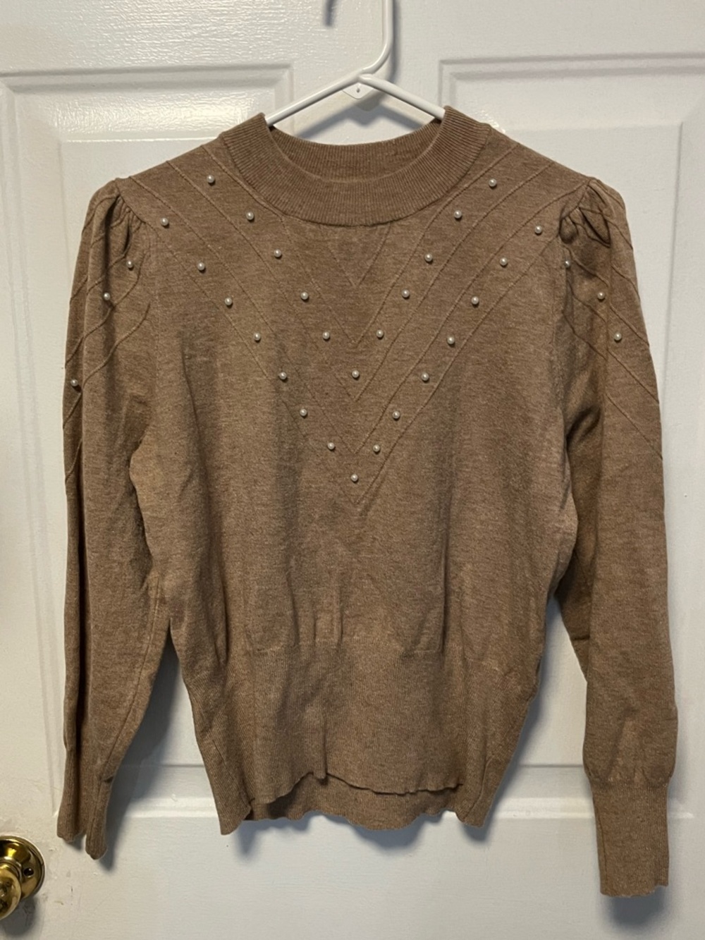 Adrienne Vittadini Tan Knit Sweater with Pearl Accents